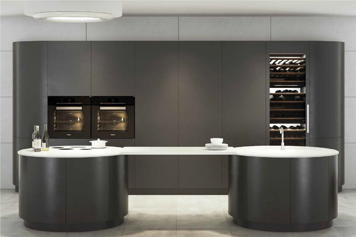 Cocina gris lacada con islas redondas